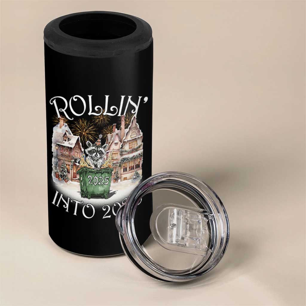 Funny Raccoon Rollin Into 2026 4 in 1 Can Cooler Tumbler New Year Dumpster Fire Firework - Wonder Print Shop