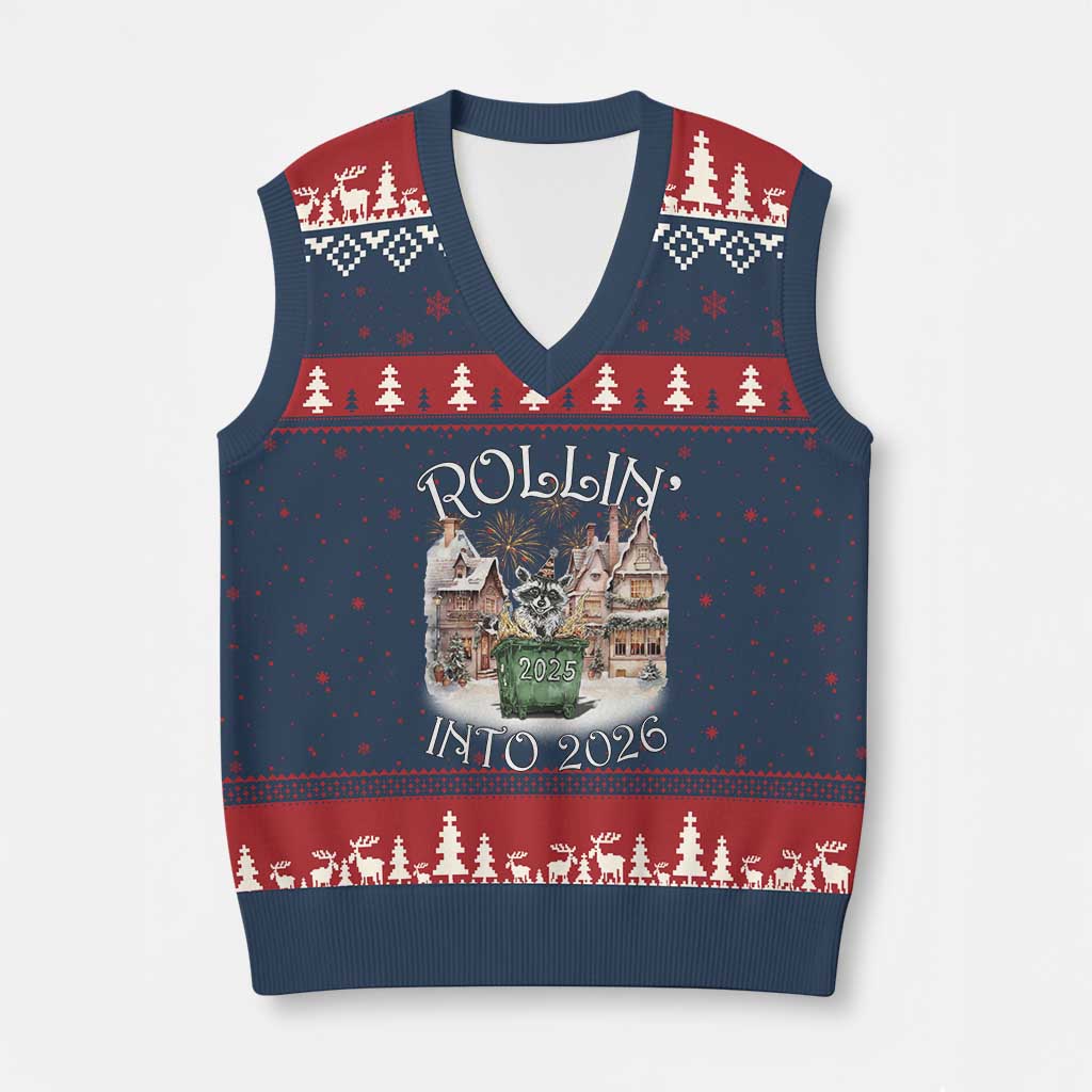 Funny Raccoon Rollin Into 2026 V-Neck Knit Sweater Vest New Year Dumpster Fire Firework - Wonder Print Shop