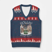 Funny Raccoon Rollin Into 2026 V-Neck Knit Sweater Vest New Year Dumpster Fire Firework - Wonder Print Shop
