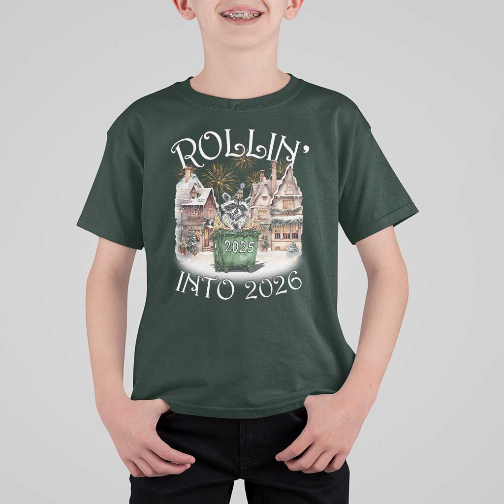 Funny Raccoon Rollin Into 2026 T Shirt For Kid New Year Dumpster Fire Firework - Wonder Print Shop