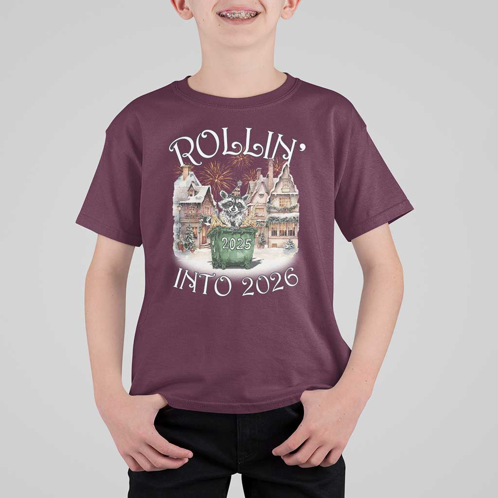 Funny Raccoon Rollin Into 2026 T Shirt For Kid New Year Dumpster Fire Firework - Wonder Print Shop