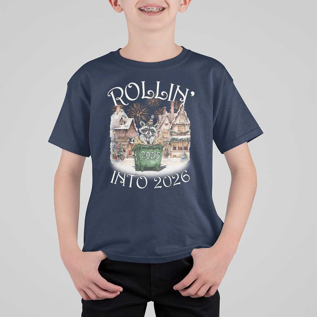 Funny Raccoon Rollin Into 2026 T Shirt For Kid New Year Dumpster Fire Firework - Wonder Print Shop