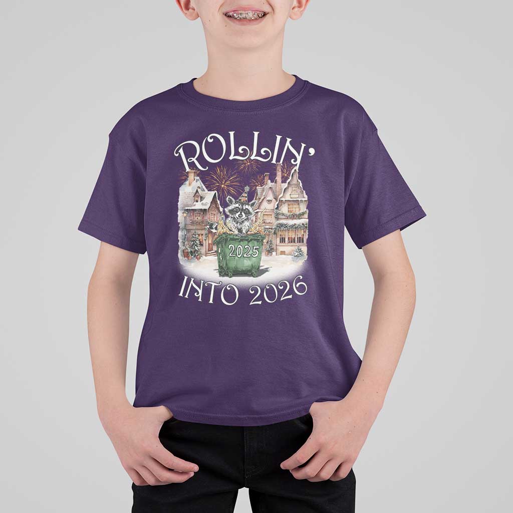 Funny Raccoon Rollin Into 2026 T Shirt For Kid New Year Dumpster Fire Firework - Wonder Print Shop