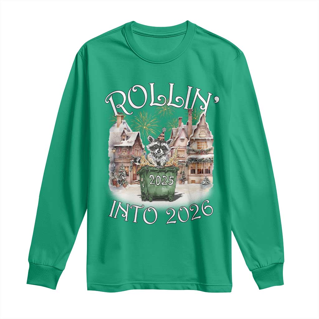 Funny Raccoon Rollin Into 2026 Long Sleeve Shirt New Year Dumpster Fire Firework - Wonder Print Shop