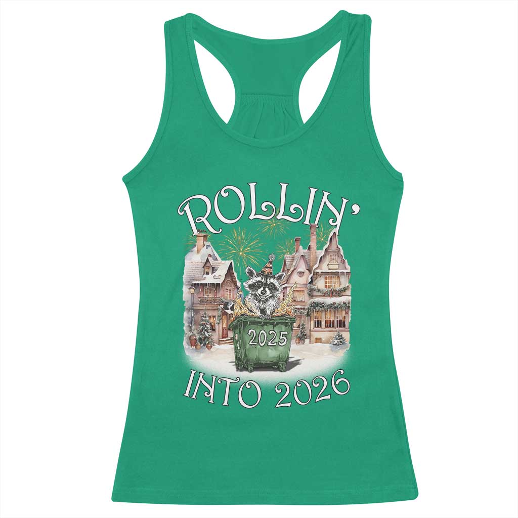 Funny Raccoon Rollin Into 2026 Racerback Tank Top New Year Dumpster Fire Firework - Wonder Print Shop
