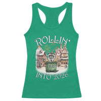 Funny Raccoon Rollin Into 2026 Racerback Tank Top New Year Dumpster Fire Firework - Wonder Print Shop