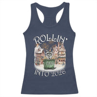 Funny Raccoon Rollin Into 2026 Racerback Tank Top New Year Dumpster Fire Firework - Wonder Print Shop