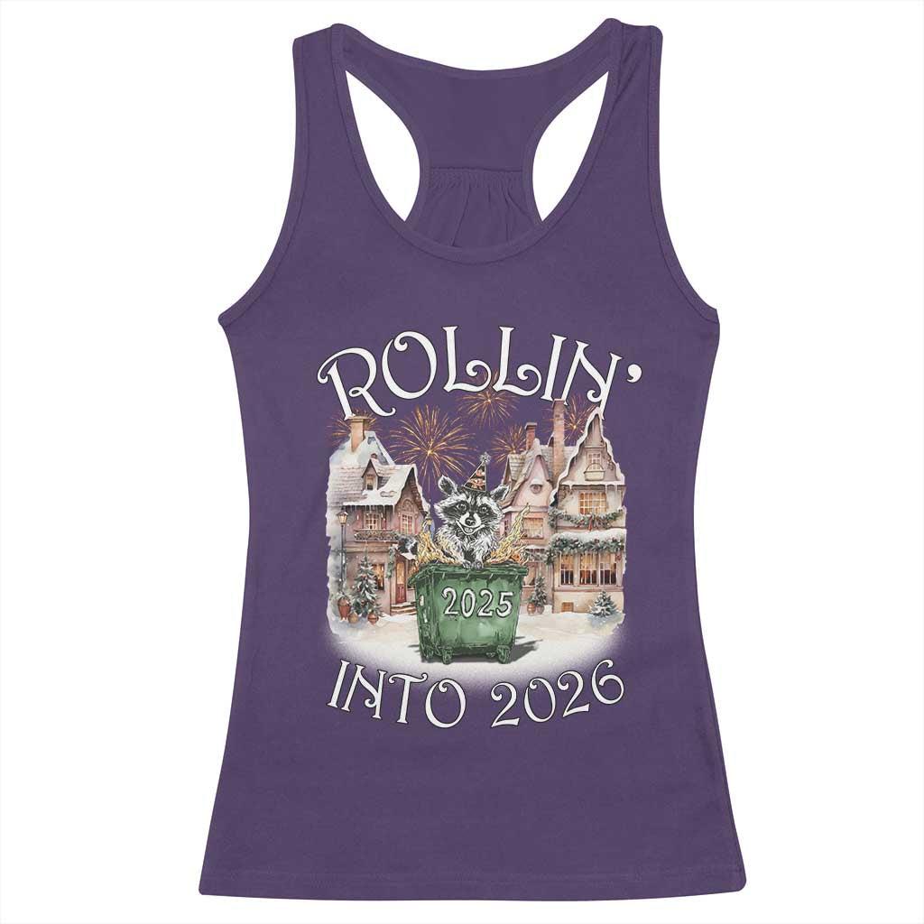 Funny Raccoon Rollin Into 2026 Racerback Tank Top New Year Dumpster Fire Firework - Wonder Print Shop