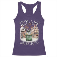 Funny Raccoon Rollin Into 2026 Racerback Tank Top New Year Dumpster Fire Firework - Wonder Print Shop