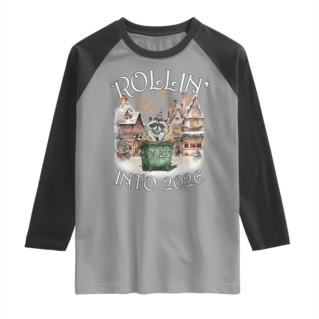 Funny Raccoon Rollin Into 2026 Raglan Shirt New Year Dumpster Fire Firework - Wonder Print Shop