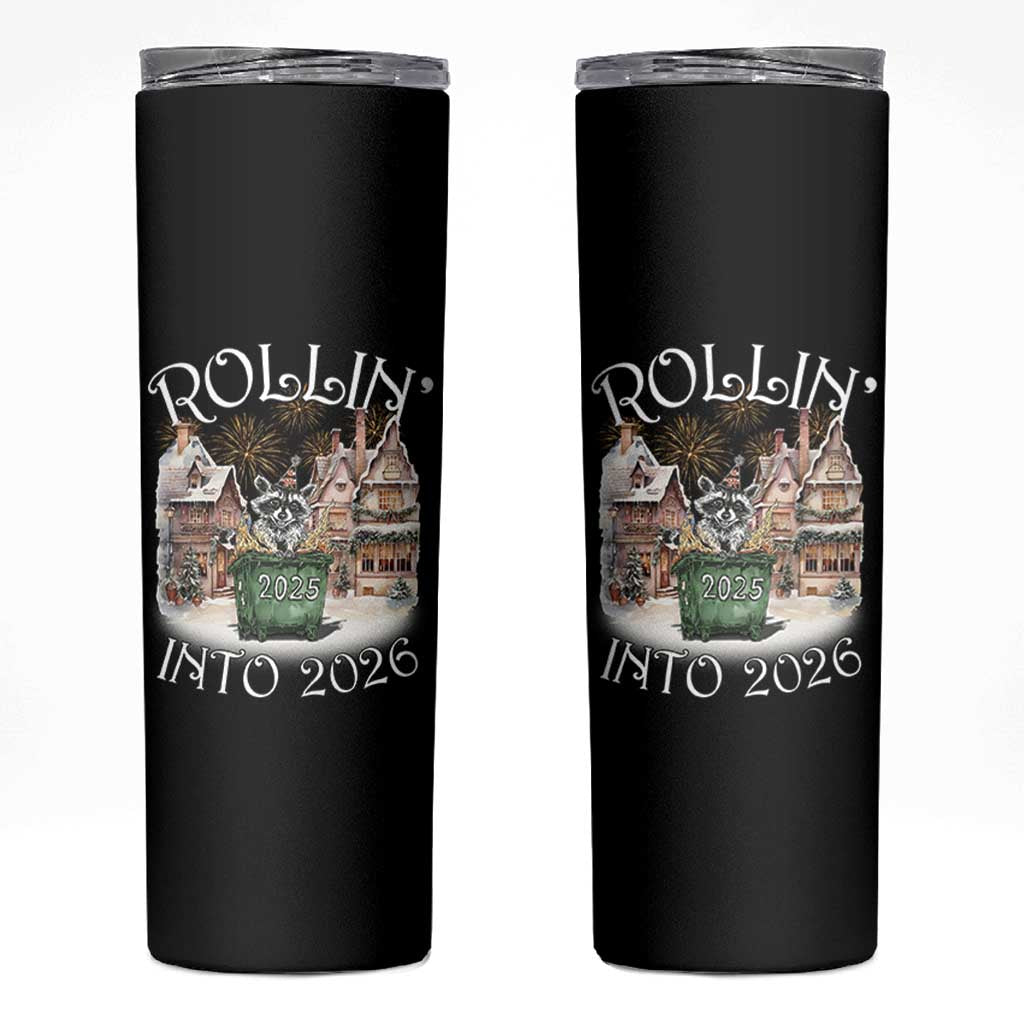 Funny Raccoon Rollin Into 2026 Skinny Tumbler New Year Dumpster Fire Firework - Wonder Print Shop