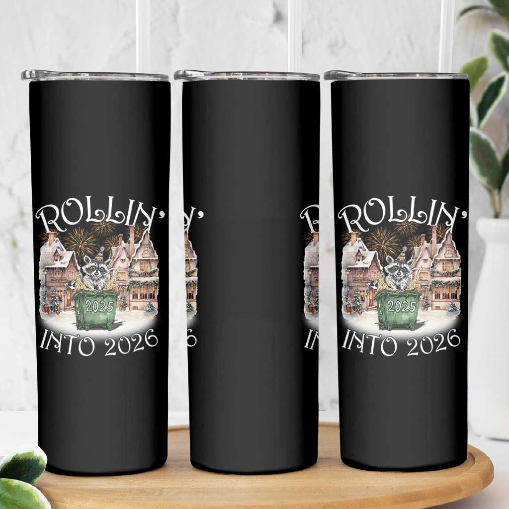 Funny Raccoon Rollin Into 2026 Skinny Tumbler New Year Dumpster Fire Firework - Wonder Print Shop