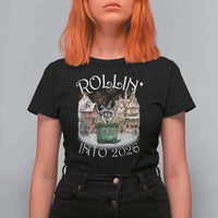 Funny Raccoon Rollin Into 2026 T Shirt For Women New Year Dumpster Fire Firework - Wonder Print Shop
