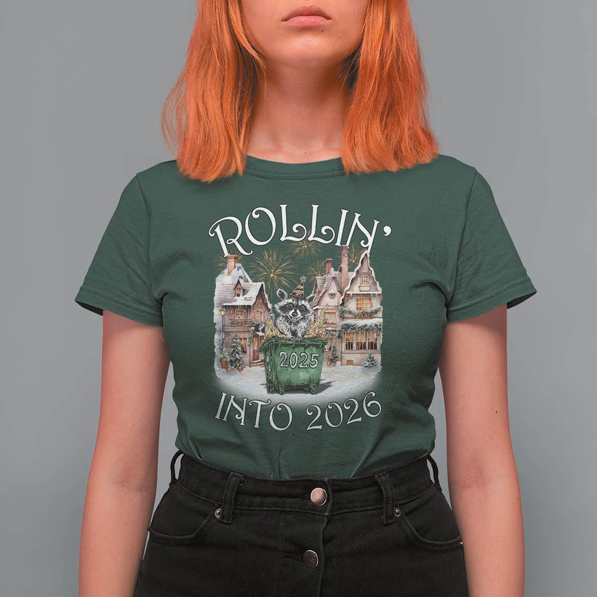Funny Raccoon Rollin Into 2026 T Shirt For Women New Year Dumpster Fire Firework - Wonder Print Shop