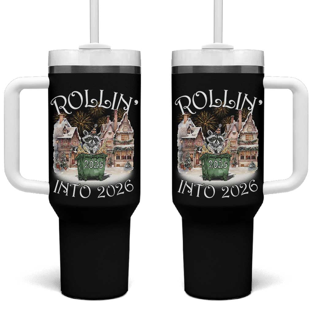 Funny Raccoon Rollin Into 2026 Tumbler With Handle New Year Dumpster Fire Firework - Wonder Print Shop