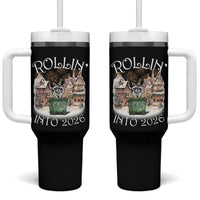 Funny Raccoon Rollin Into 2026 Tumbler With Handle New Year Dumpster Fire Firework - Wonder Print Shop