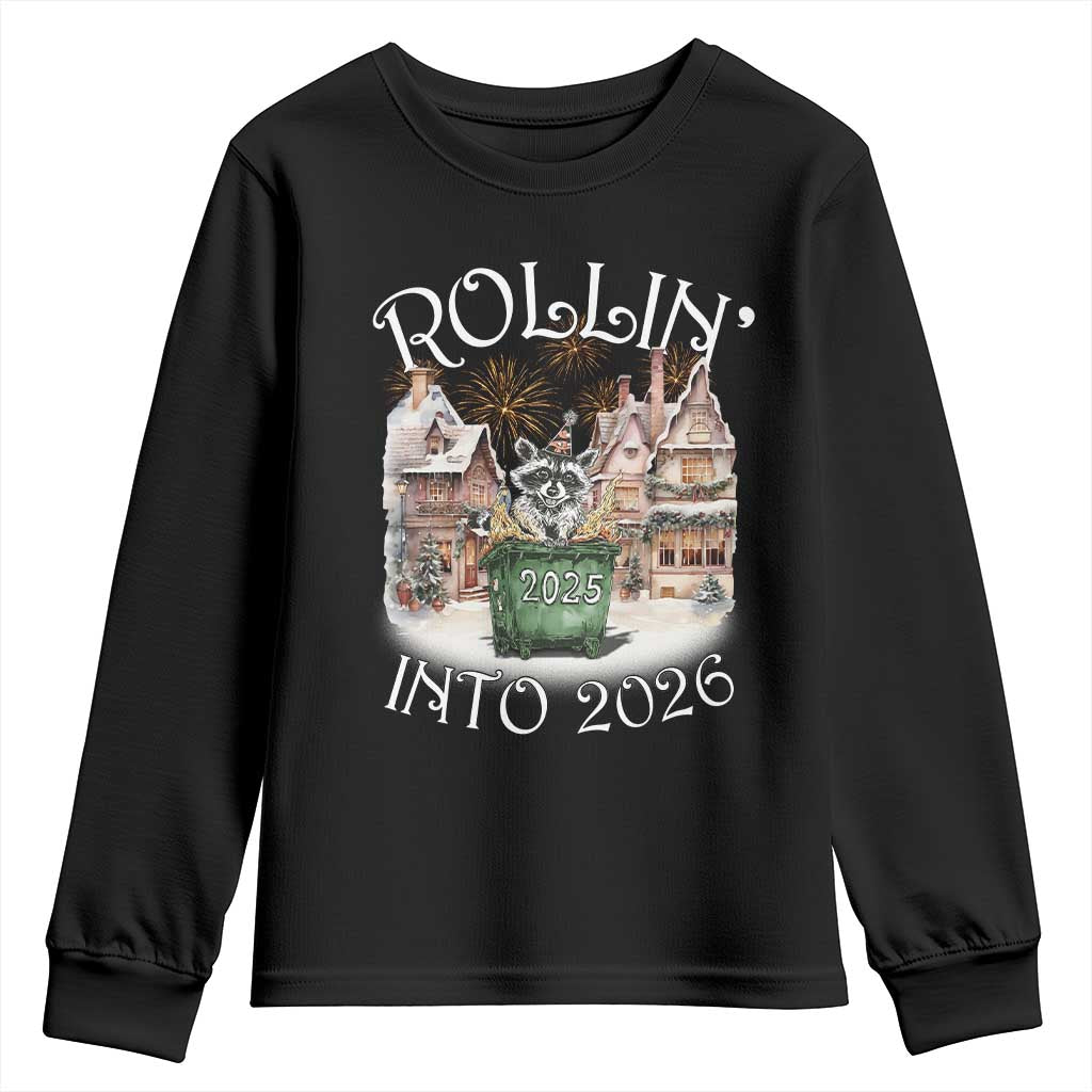 Funny Raccoon Rollin Into 2026 Youth Sweatshirt New Year Dumpster Fire Firework - Wonder Print Shop
