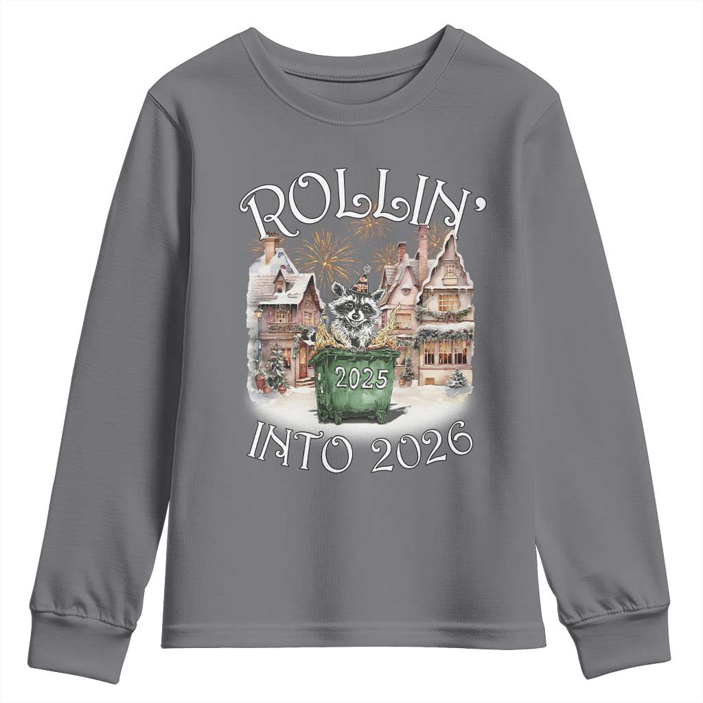 Funny Raccoon Rollin Into 2026 Youth Sweatshirt New Year Dumpster Fire Firework - Wonder Print Shop