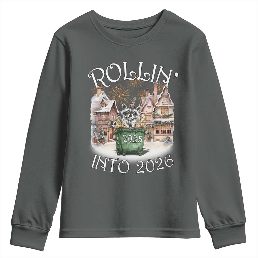 Funny Raccoon Rollin Into 2026 Youth Sweatshirt New Year Dumpster Fire Firework - Wonder Print Shop