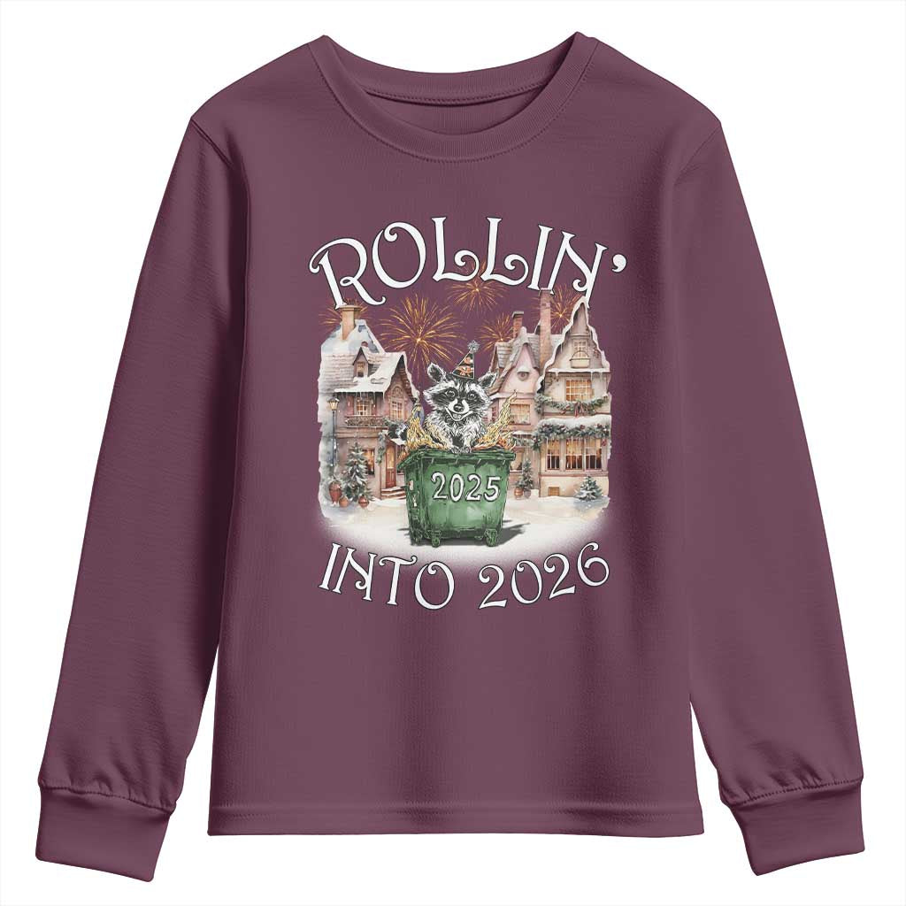 Funny Raccoon Rollin Into 2026 Youth Sweatshirt New Year Dumpster Fire Firework - Wonder Print Shop