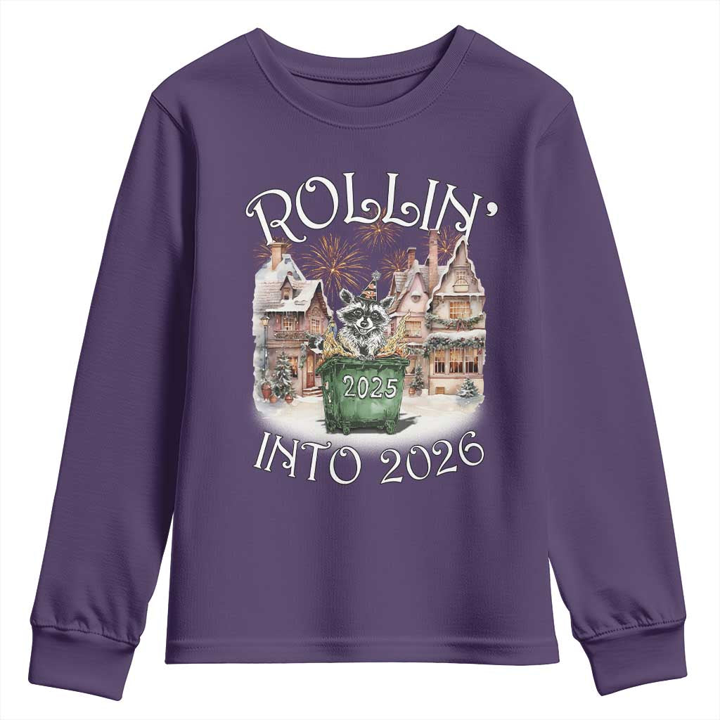 Funny Raccoon Rollin Into 2026 Youth Sweatshirt New Year Dumpster Fire Firework - Wonder Print Shop