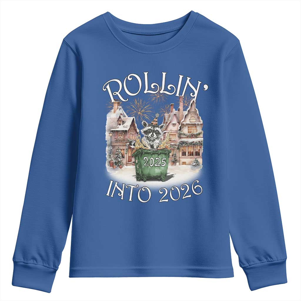 Funny Raccoon Rollin Into 2026 Youth Sweatshirt New Year Dumpster Fire Firework - Wonder Print Shop