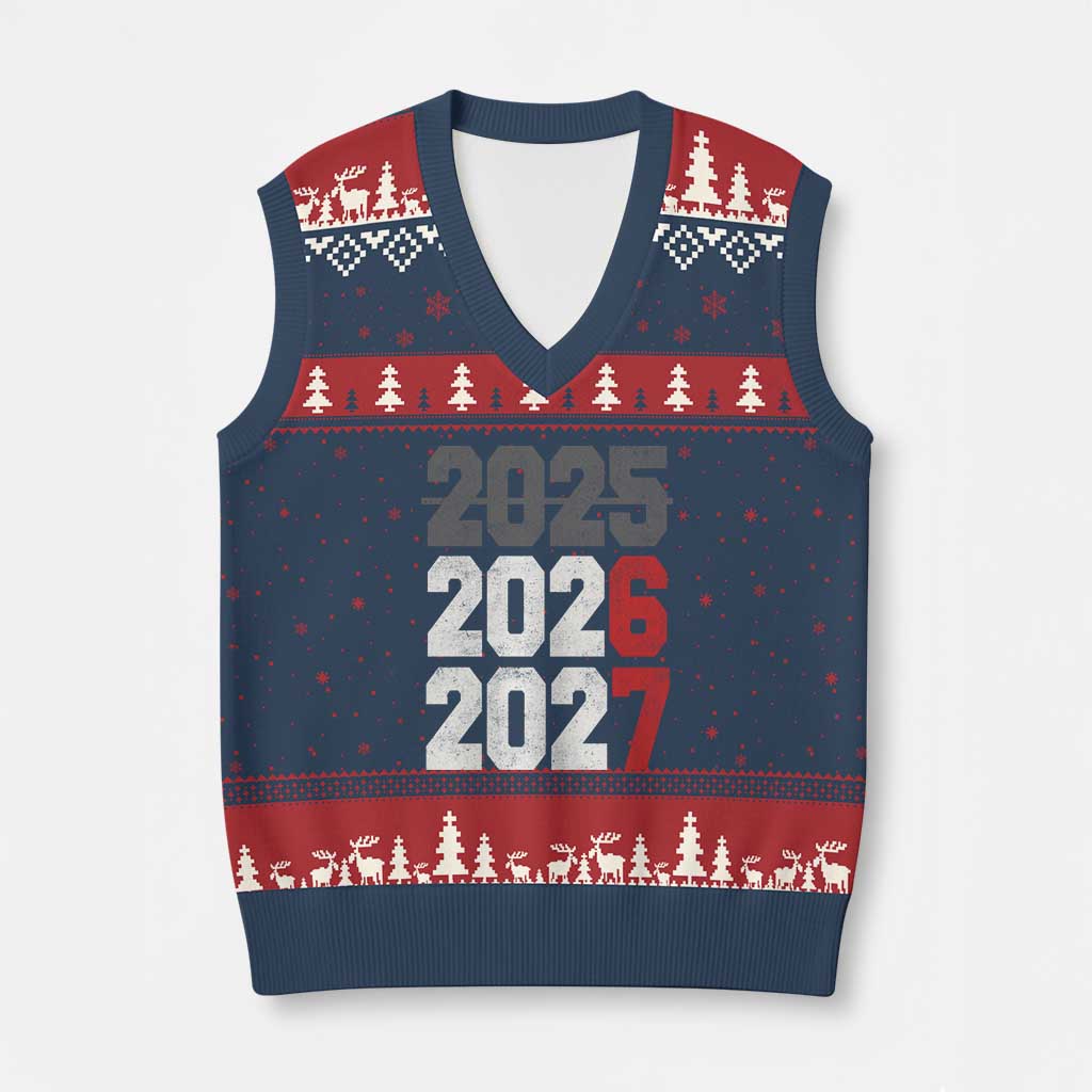 Funny 67 New Year V-Neck Knit Sweater Vest Happy New Year 2026 2027 Sports Jersey Number - Wonder Print Shop