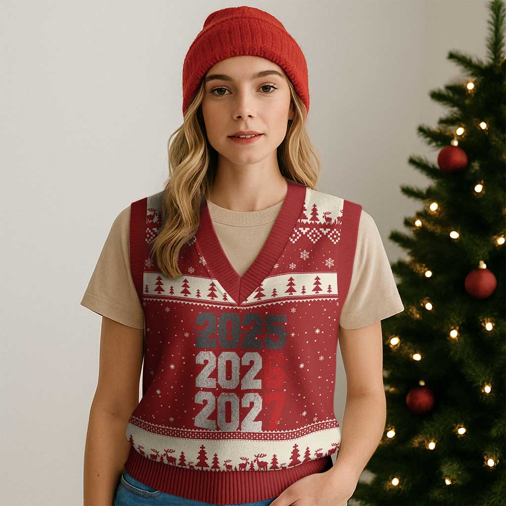 Funny 67 New Year V-Neck Knit Sweater Vest Happy New Year 2026 2027 Sports Jersey Number - Wonder Print Shop