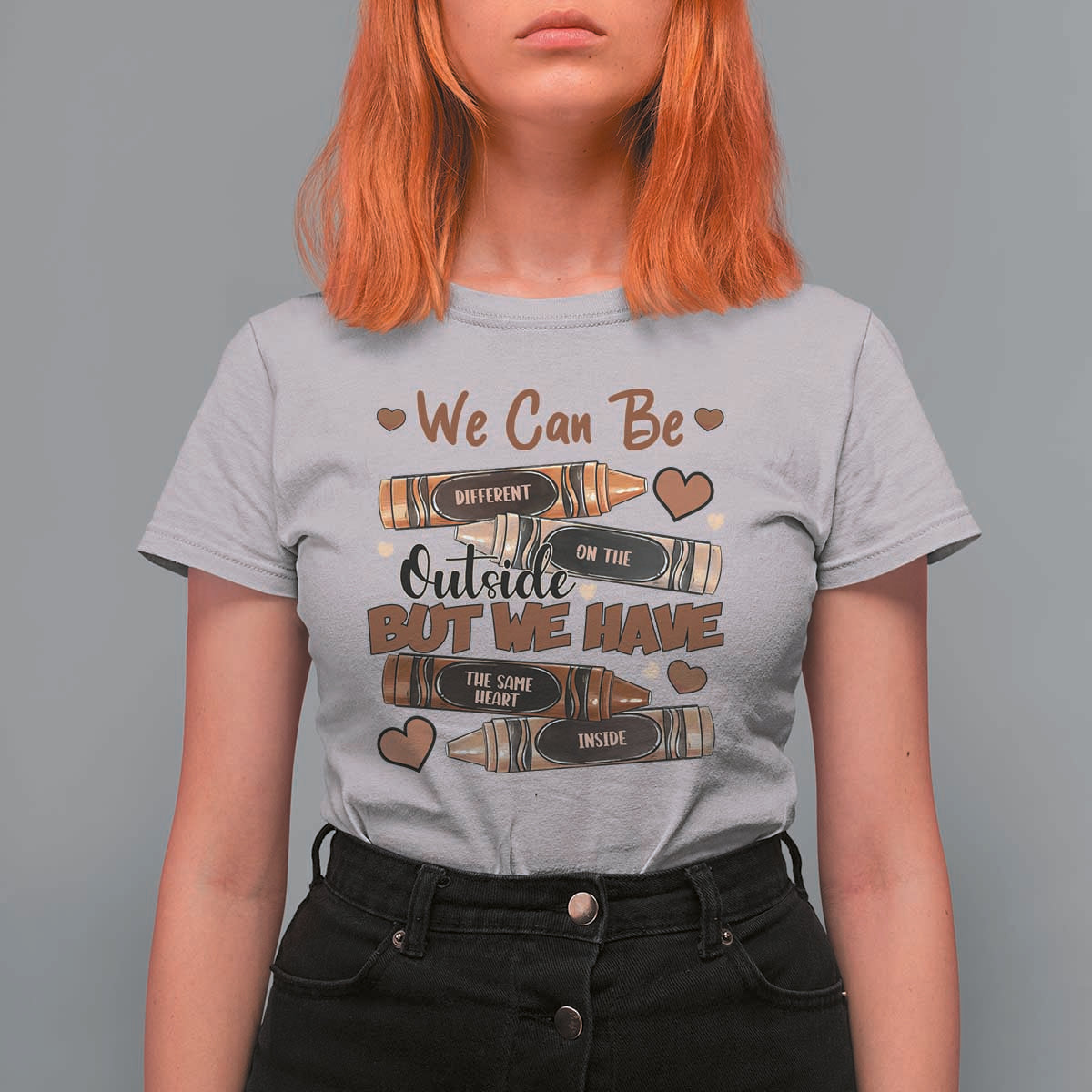 African American Teacher T Shirt For Women We Can Be Different On The Outside But We Have The Same Heart Inside Melanin Crayons