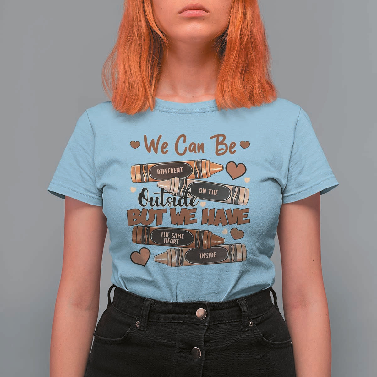 African American Teacher T Shirt For Women We Can Be Different On The Outside But We Have The Same Heart Inside Melanin Crayons