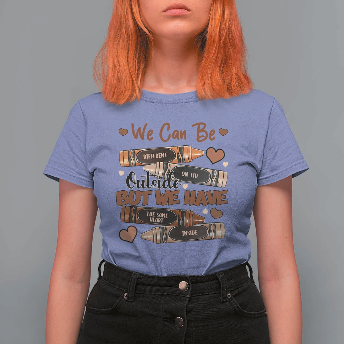 African American Teacher T Shirt For Women We Can Be Different On The Outside But We Have The Same Heart Inside Melanin Crayons