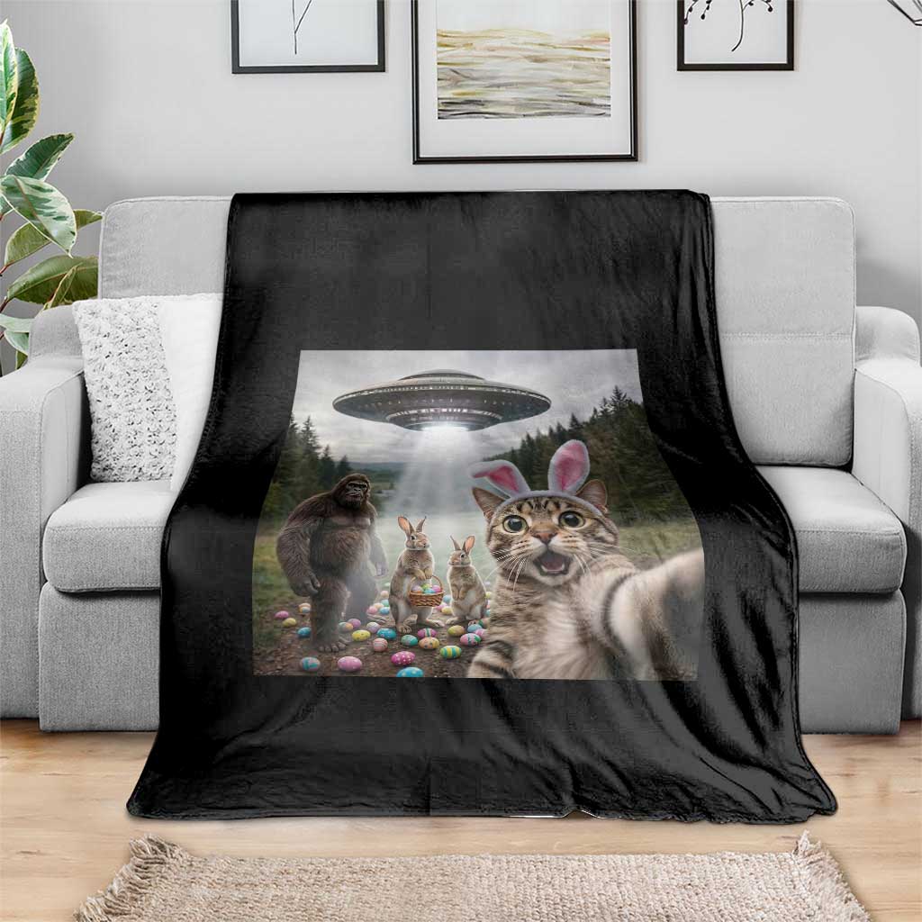 Funny Cat Selfie with Easter Bunny Bigfoot UFO Throw Blanket