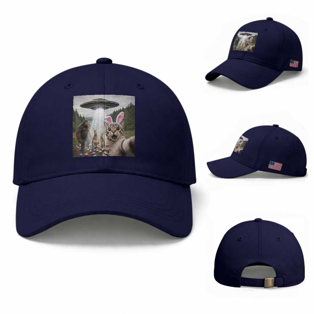 Funny Cat Selfie with Easter Bunny Bigfoot UFO Baseball Cap