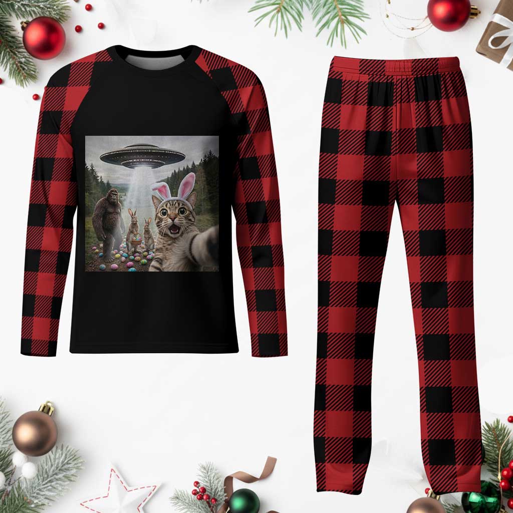 Funny Cat Selfie with Easter Bunny Bigfoot UFO Plaid Pajama Set