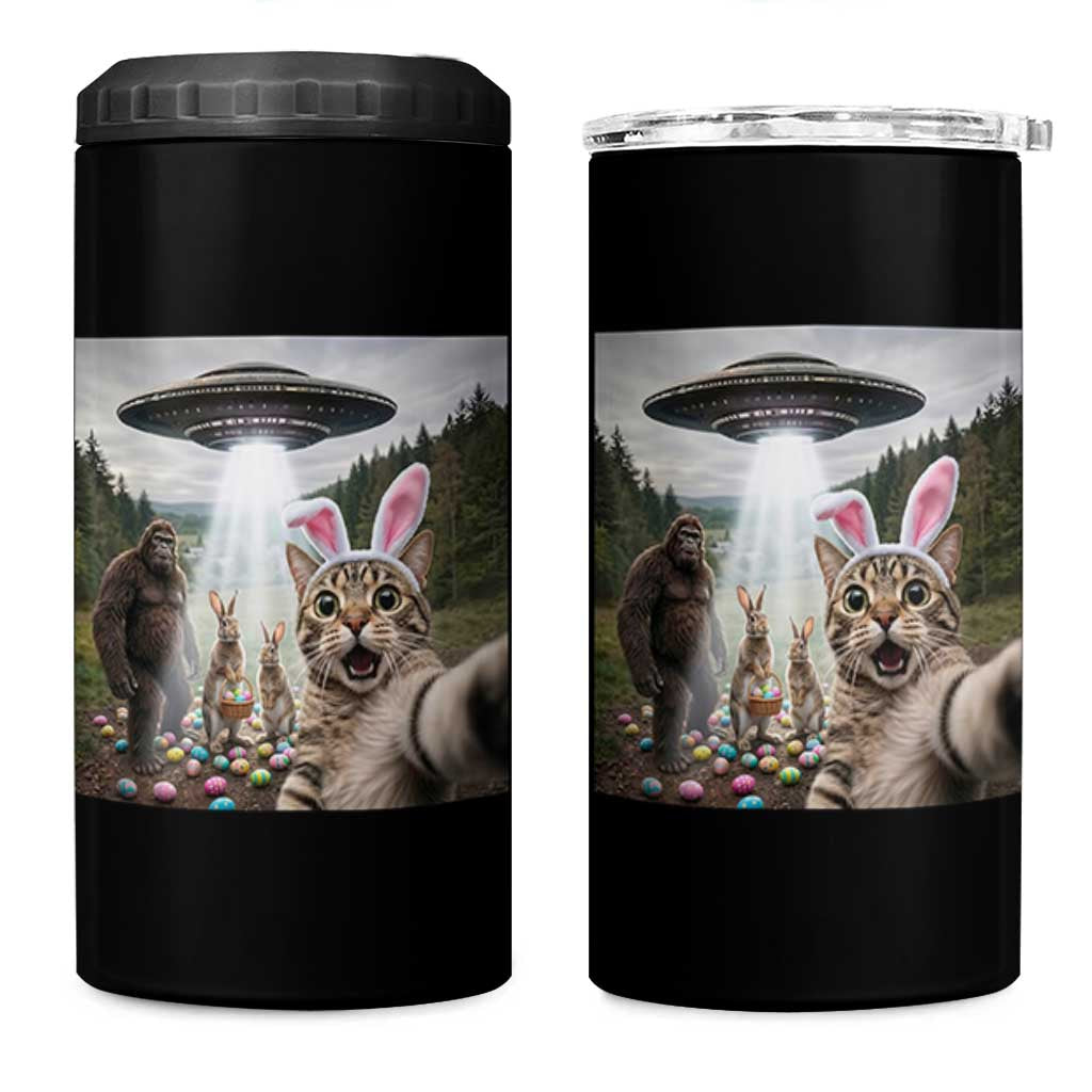 Funny Cat Selfie with Easter Bunny Bigfoot UFO 4 in 1 Can Cooler Tumbler