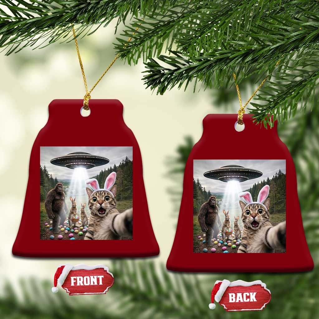 Funny Cat Selfie with Easter Bunny Bigfoot UFO Ceramic Ornament