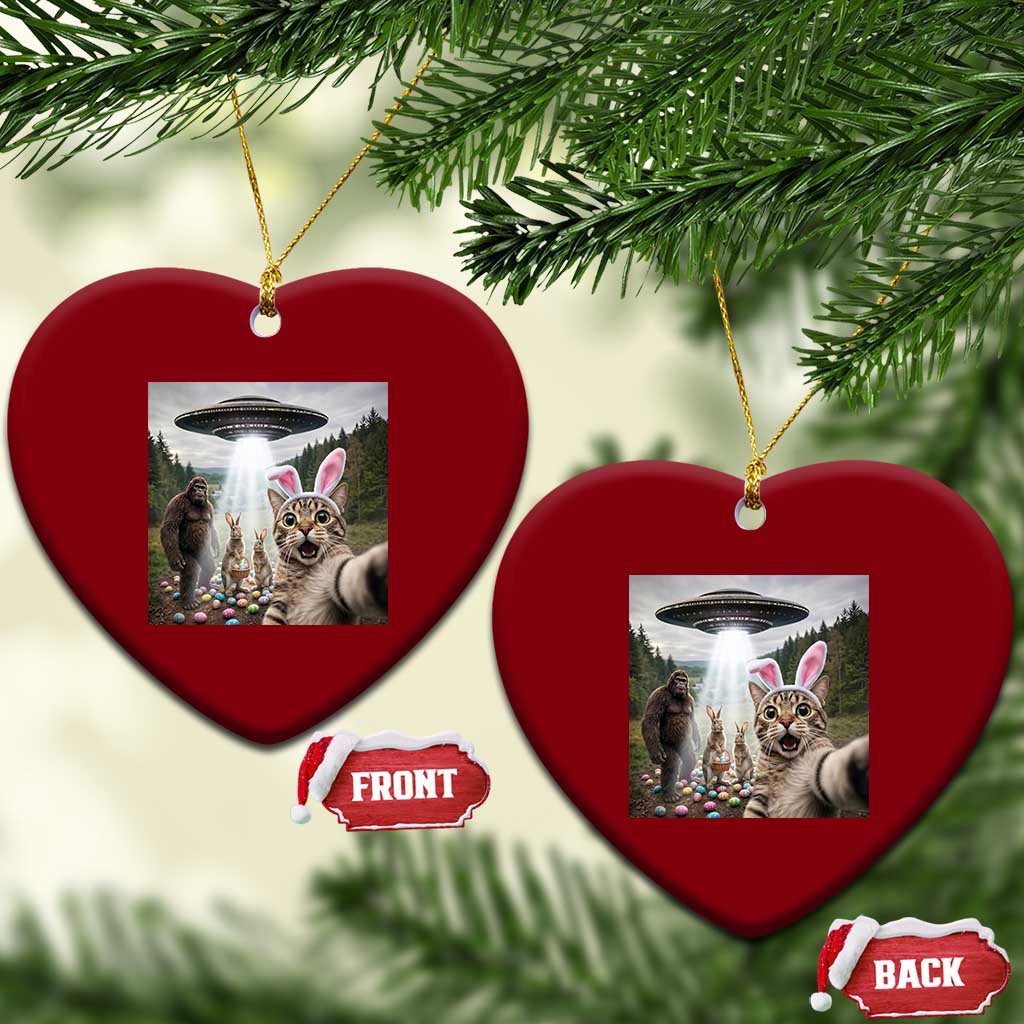 Funny Cat Selfie with Easter Bunny Bigfoot UFO Ceramic Ornament