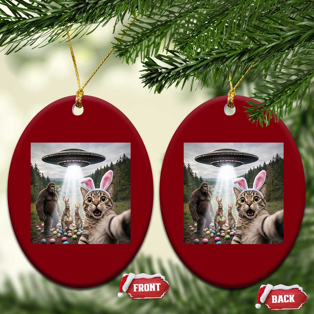 Funny Cat Selfie with Easter Bunny Bigfoot UFO Ceramic Ornament