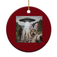Funny Cat Selfie with Easter Bunny Bigfoot UFO Ceramic Ornament