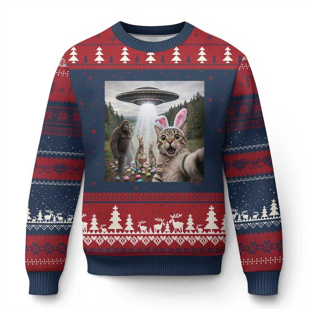 Funny Cat Selfie with Easter Bunny Bigfoot UFO Ugly Christmas Sweater