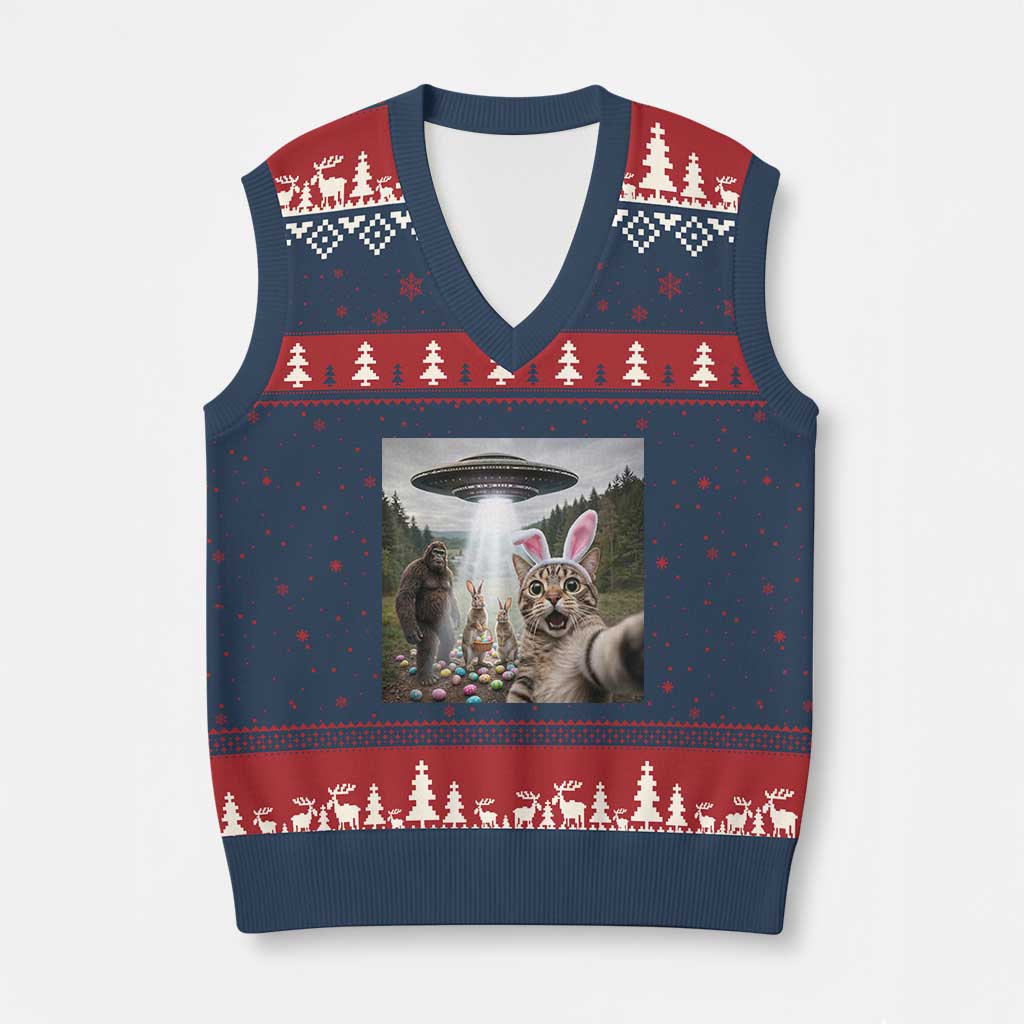 Funny Cat Selfie with Easter Bunny Bigfoot UFO V-Neck Knit Sweater Vest