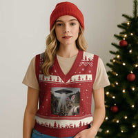 Funny Cat Selfie with Easter Bunny Bigfoot UFO V-Neck Knit Sweater Vest