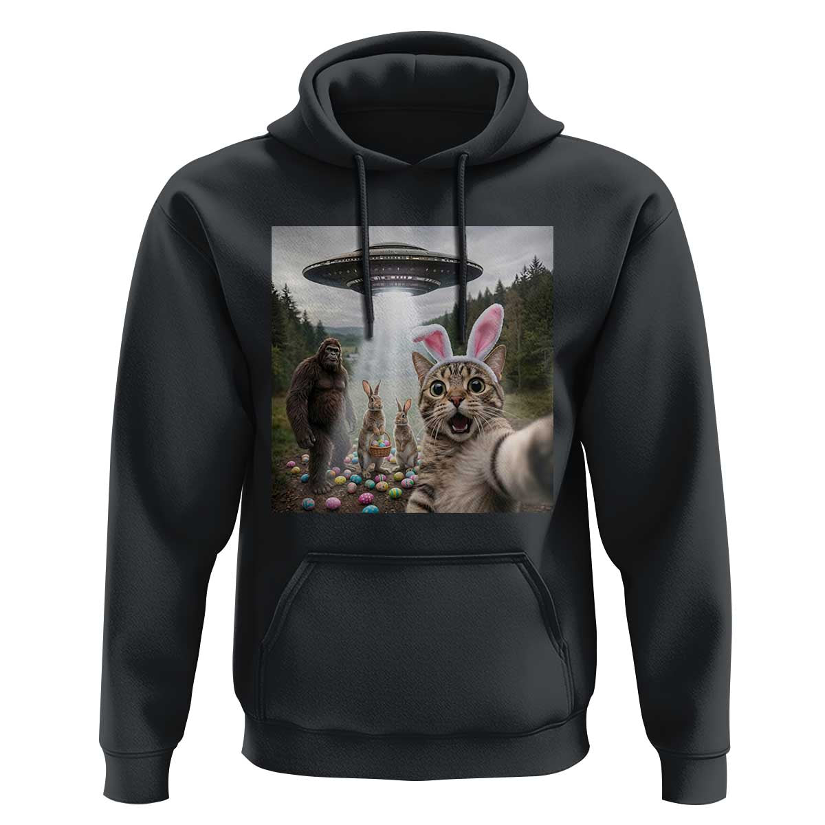 Funny Cat Selfie with Easter Bunny Bigfoot UFO Hoodie