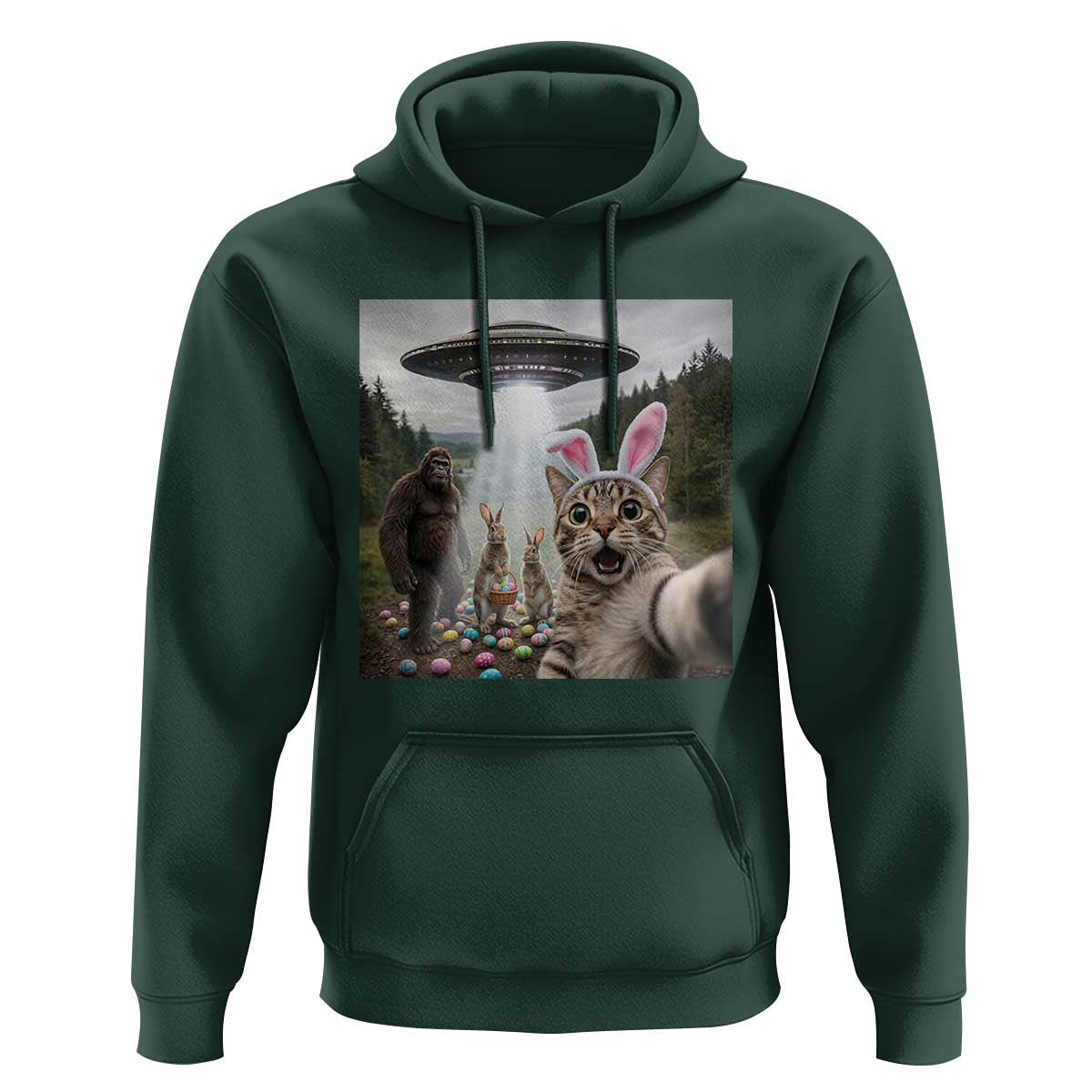 Funny Cat Selfie with Easter Bunny Bigfoot UFO Hoodie