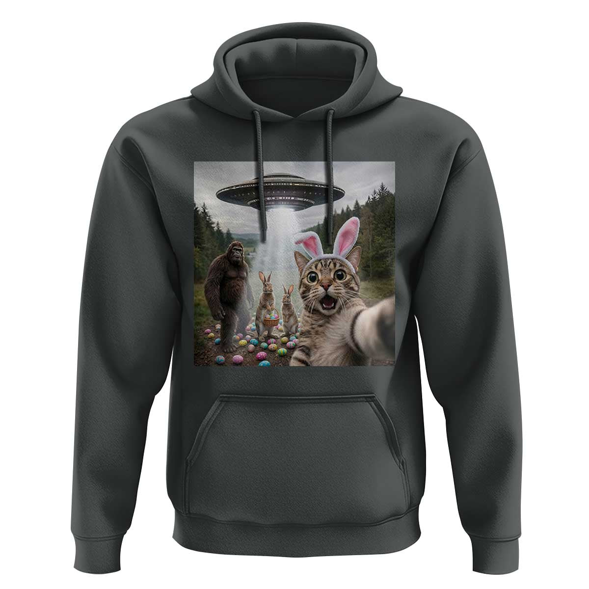 Funny Cat Selfie with Easter Bunny Bigfoot UFO Hoodie