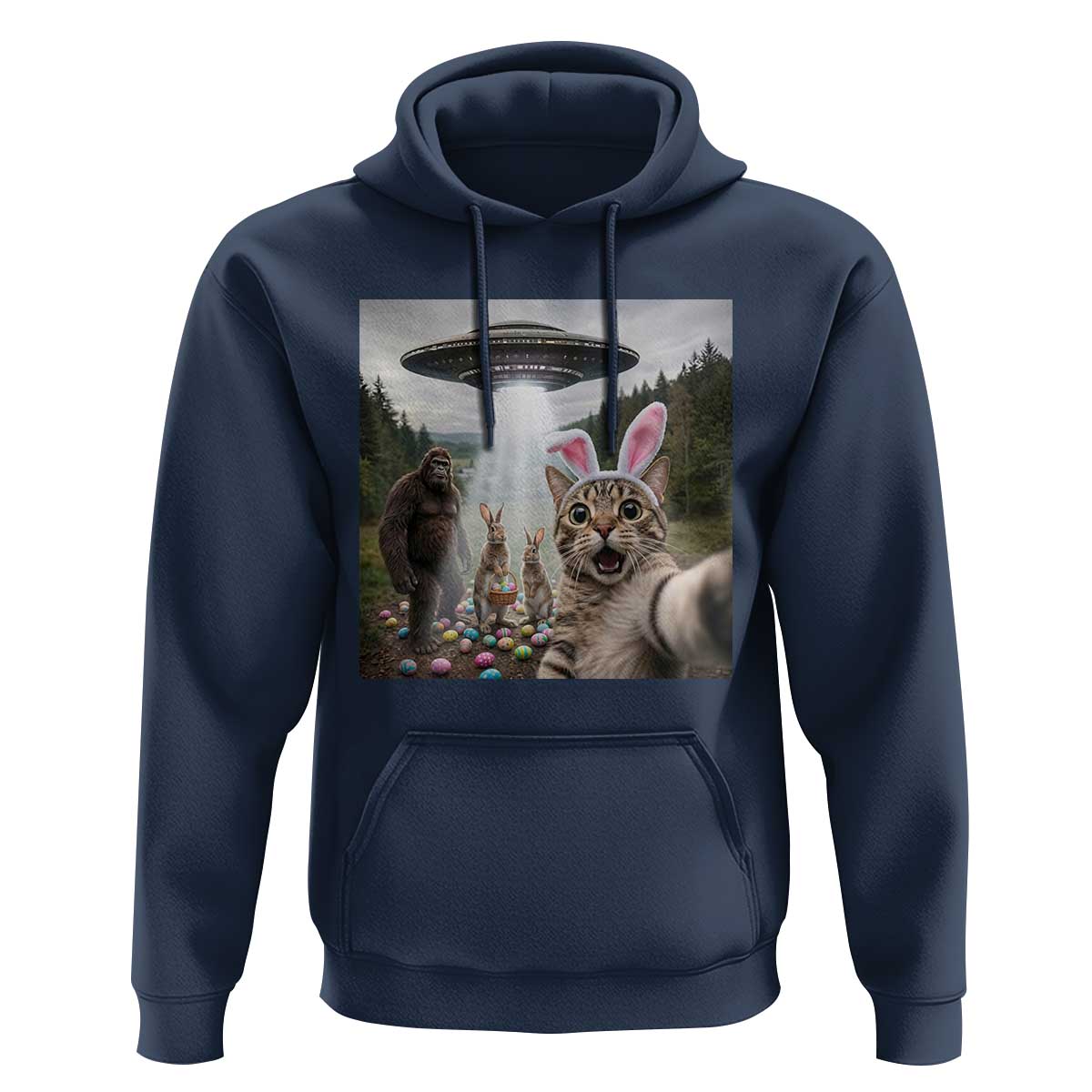 Funny Cat Selfie with Easter Bunny Bigfoot UFO Hoodie