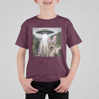 Funny Cat Selfie with Easter Bunny Bigfoot UFO T Shirt For Kid
