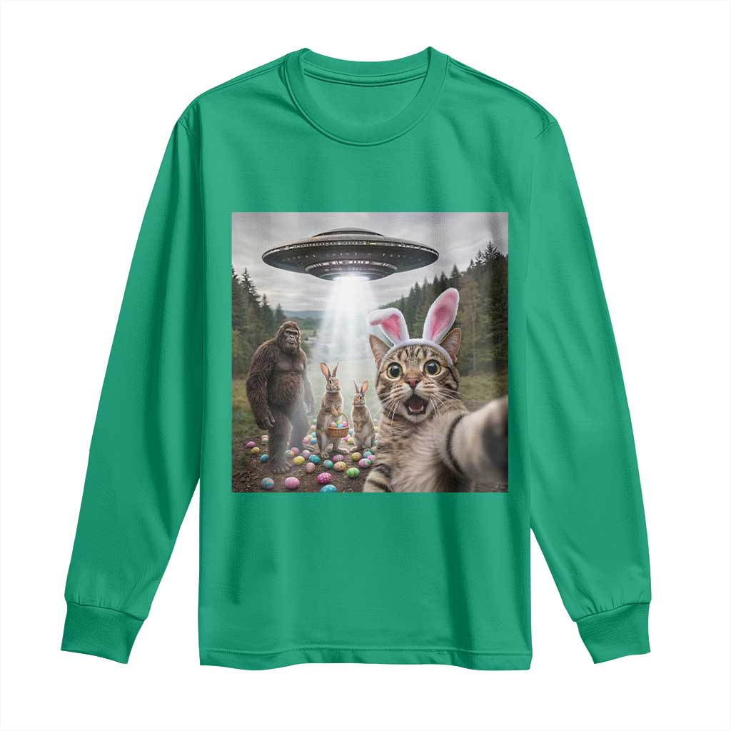Funny Cat Selfie with Easter Bunny Bigfoot UFO Long Sleeve Shirt