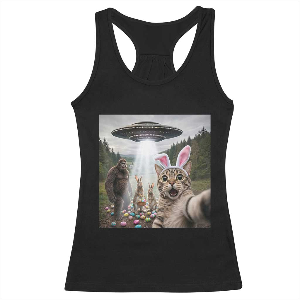 Funny Cat Selfie with Easter Bunny Bigfoot UFO Racerback Tank Top