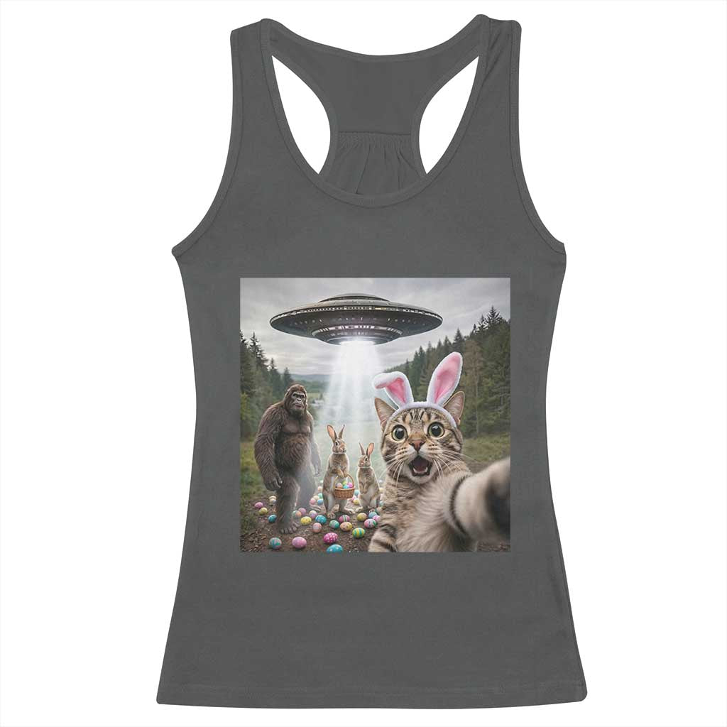 Funny Cat Selfie with Easter Bunny Bigfoot UFO Racerback Tank Top